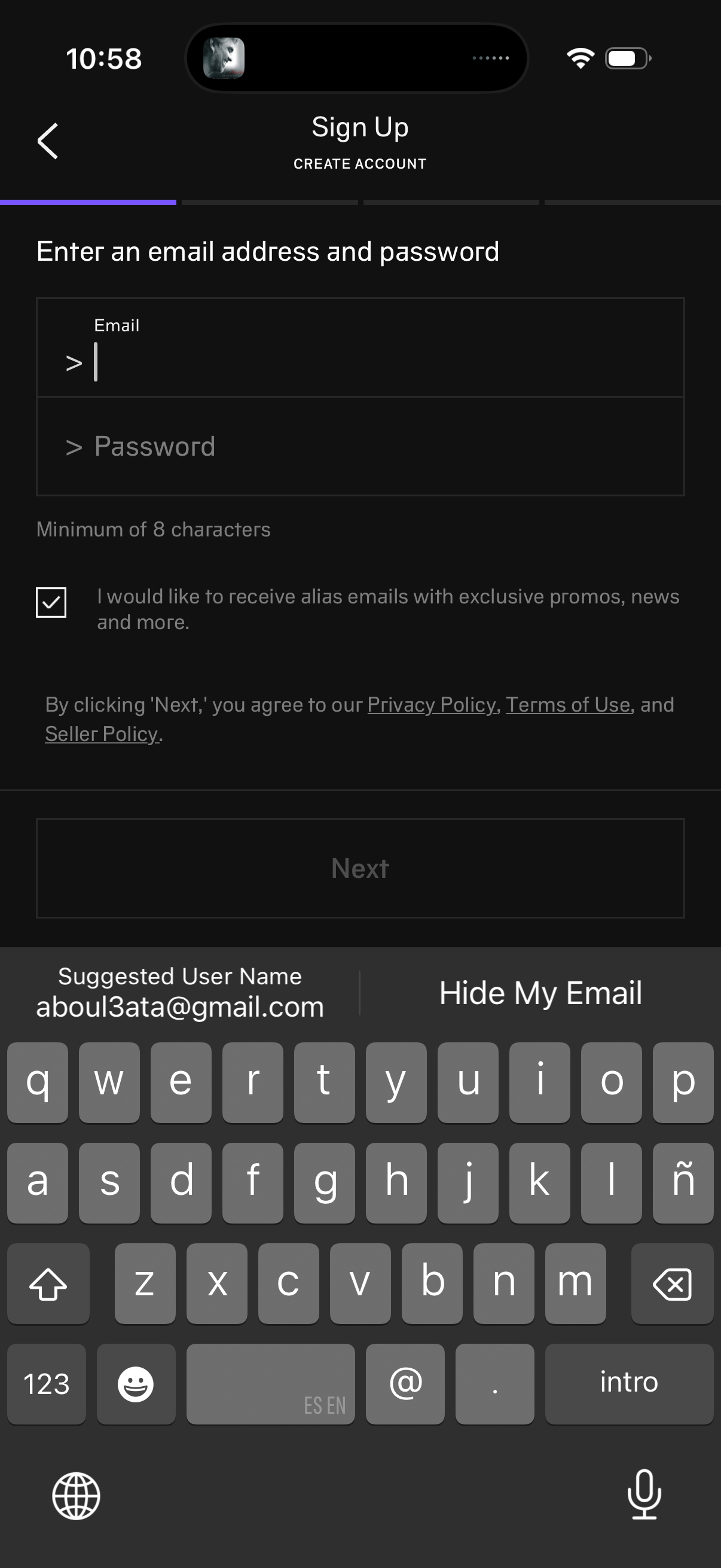 alias signup screenshot